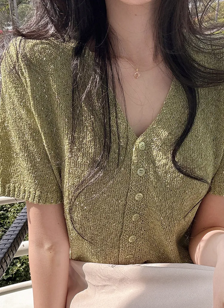 メランジVネックリボン半袖カーディガン | ROMANTICLINE | 詳細画像1