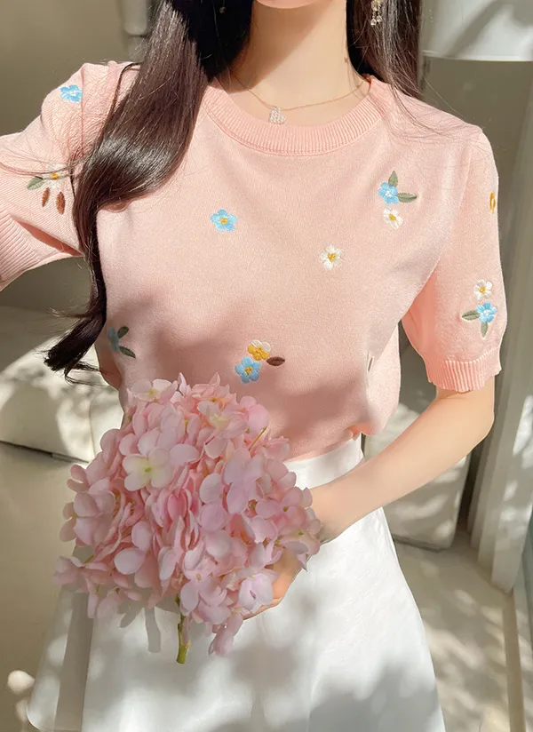 花柄刺繍半袖ニット | fiona | 詳細画像1