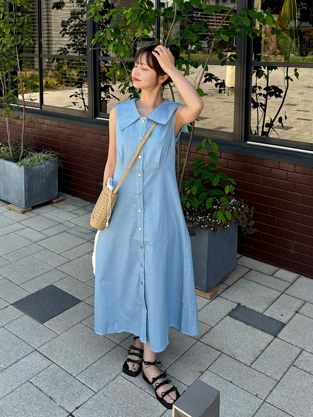 セーラーカラーデニムノースリワンピース | レディースファッション