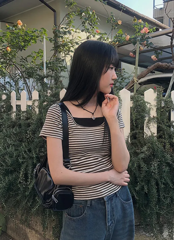 スクエアネックボーダー半袖Tシャツ | anyonemore | 詳細画像1