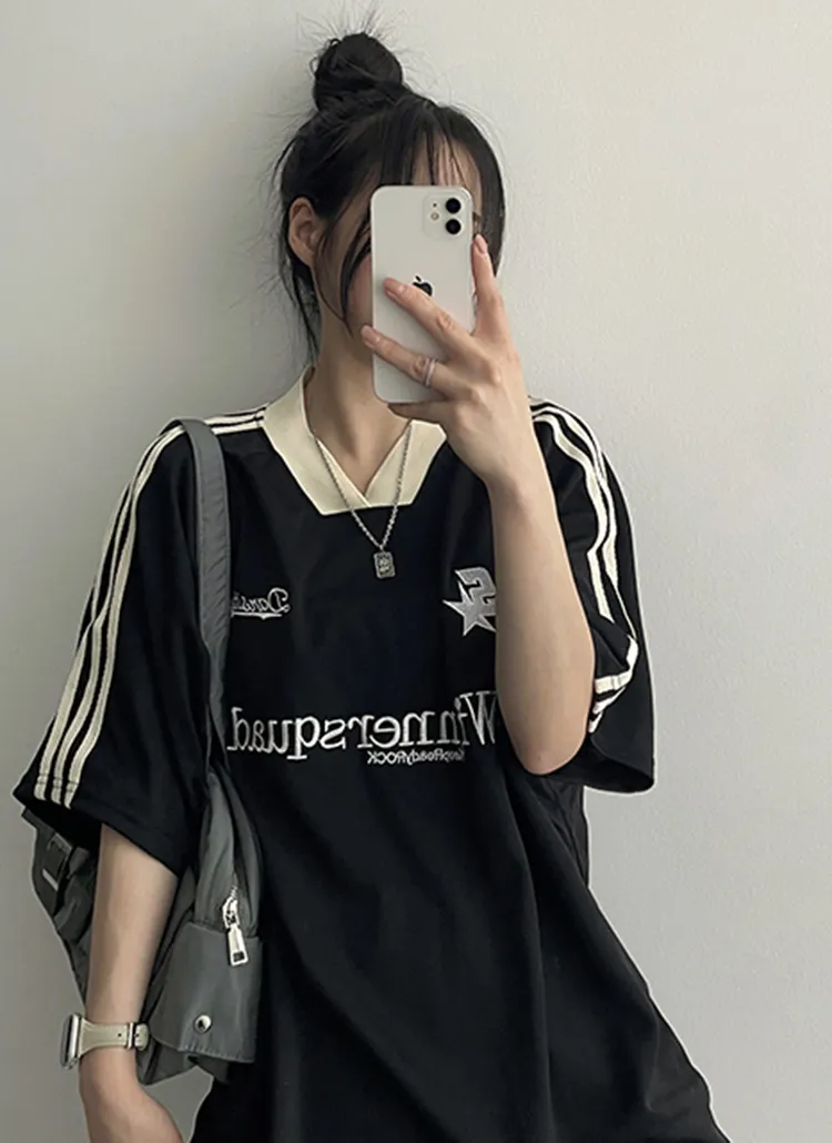 配色Vネックユニフォーム半袖Tシャツ | hijjoo | 詳細画像1