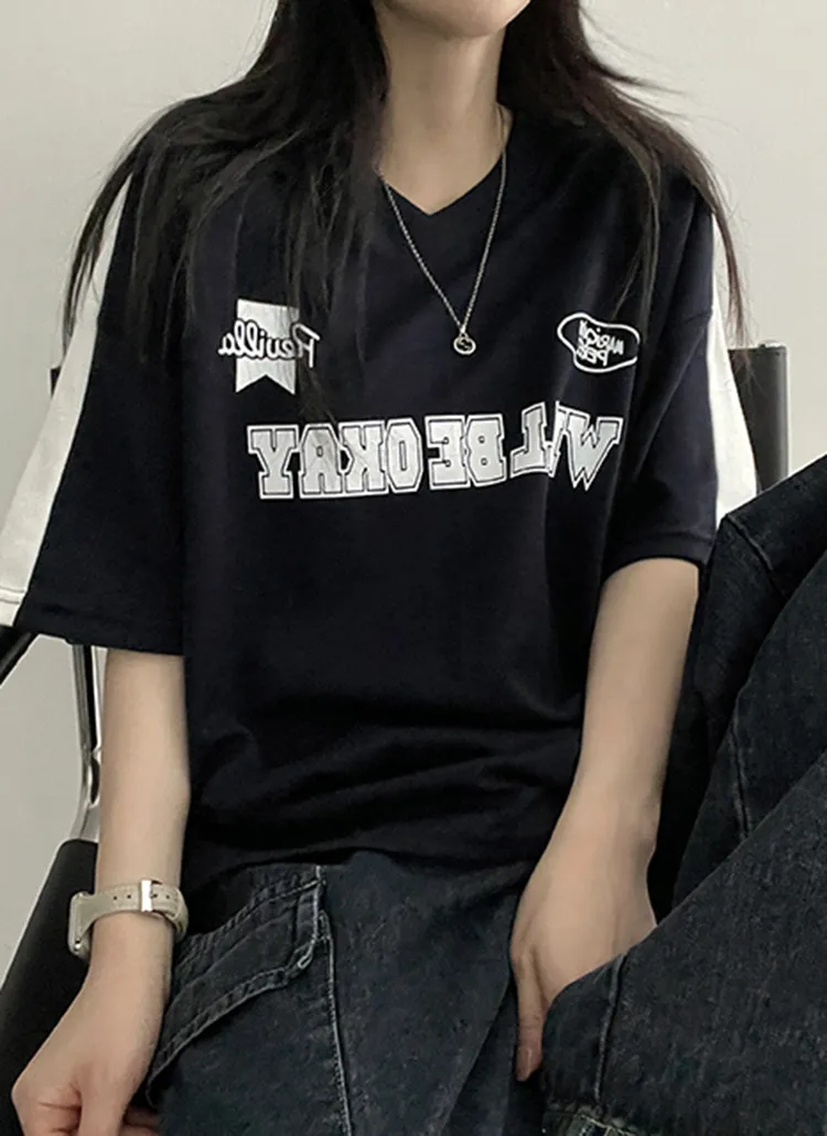 配色スリーブVネックロゴTシャツ | hijjoo | 詳細画像1
