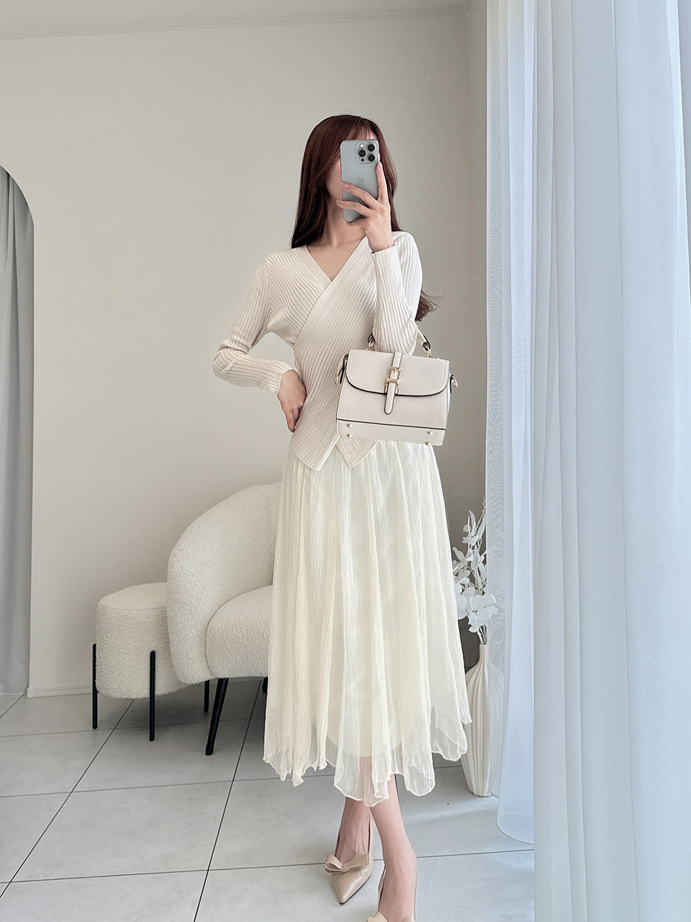 クロスVネックニット&シフォンフレアスカートSET | レディース