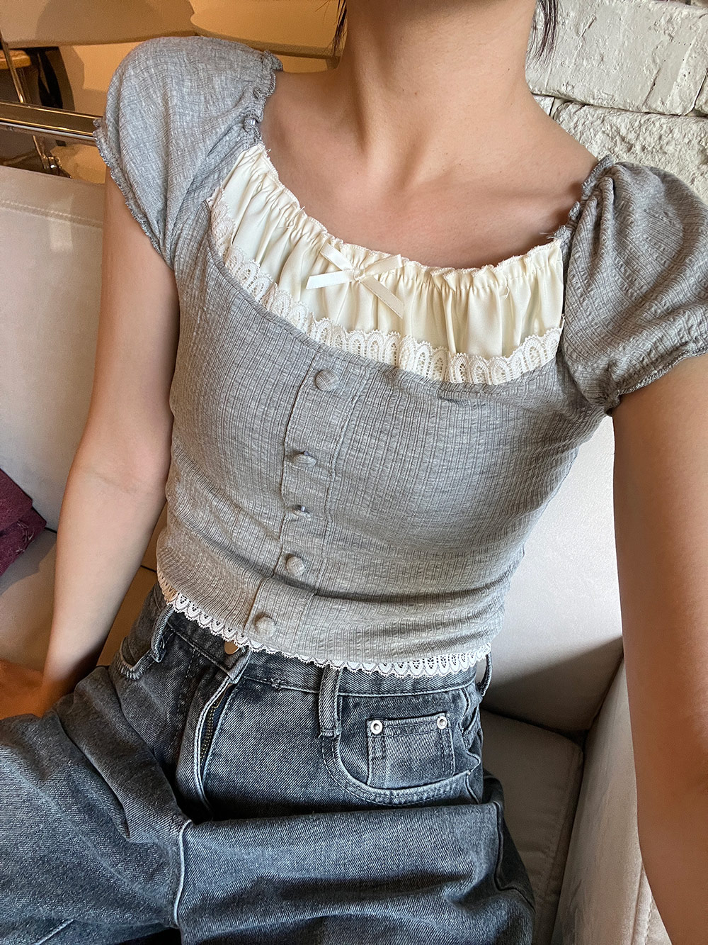 レース配色パフ半袖Tシャツ | 詳細画像2