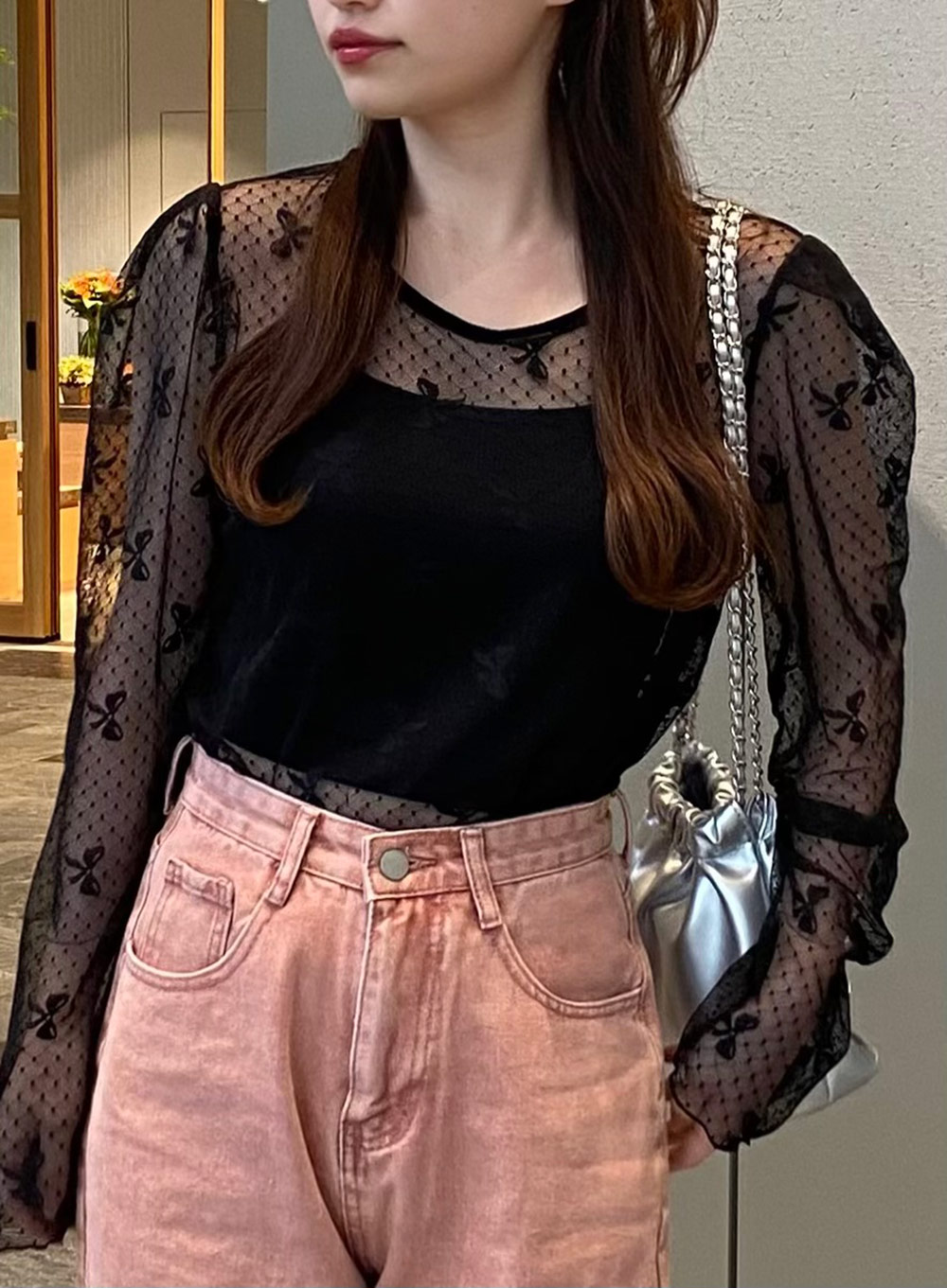 リボンボリュームスリーブシアーブラウス La boutique Bonbon（ラブ