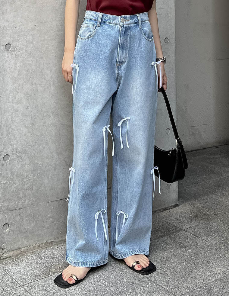 リボンワイドデニムパンツ | レディースファッション通販 - DHOLIC