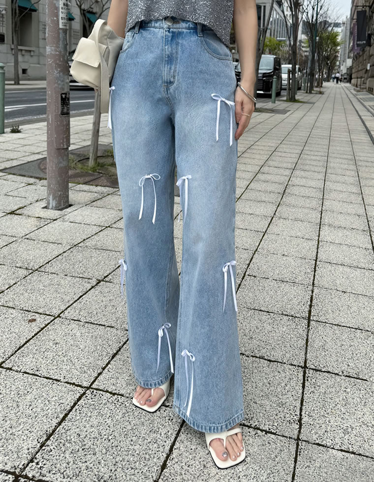 リボンワイドデニムパンツ | レディースファッション通販 - DHOLIC