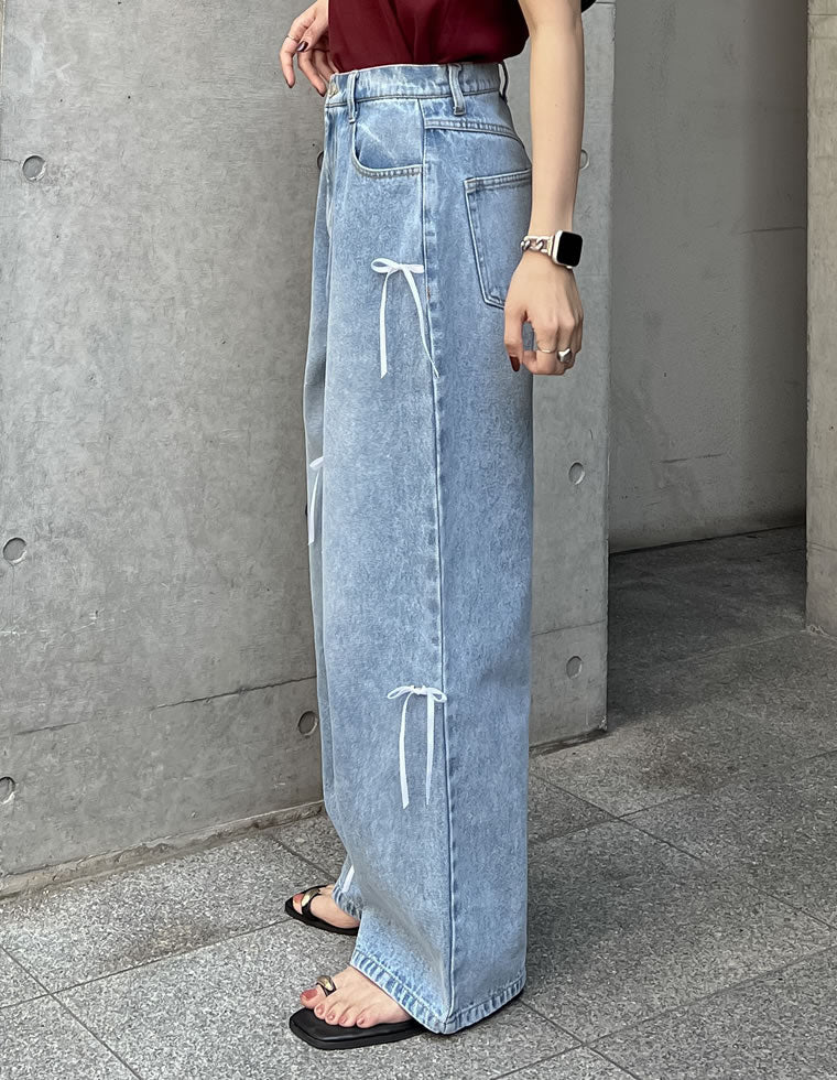 リボンワイドデニムパンツ | レディースファッション通販 - DHOLIC