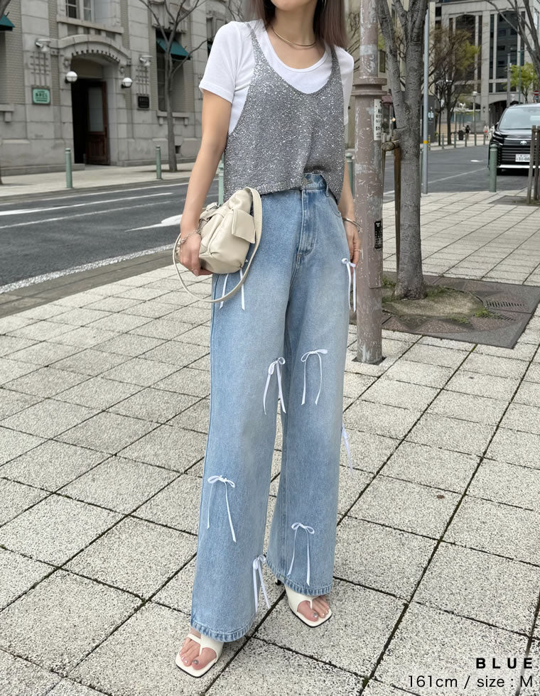 リボンワイドデニムパンツ | レディースファッション通販 - DHOLIC