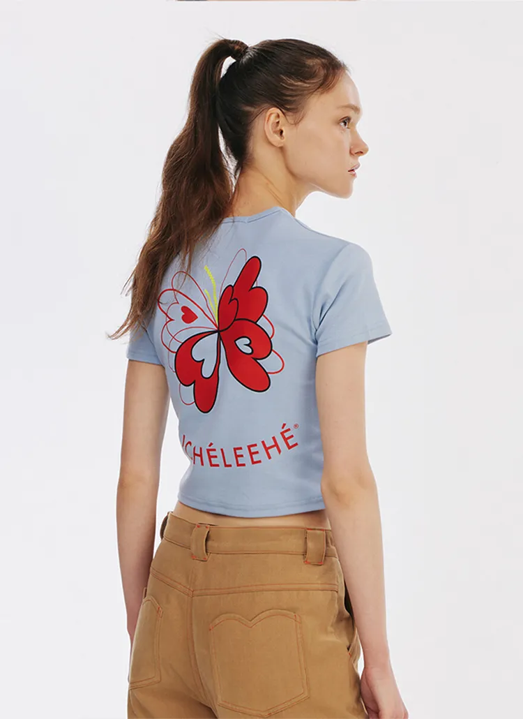 バックバタフライプリントクロップド半袖Tシャツ(BABYBLUE) | 詳細画像1
