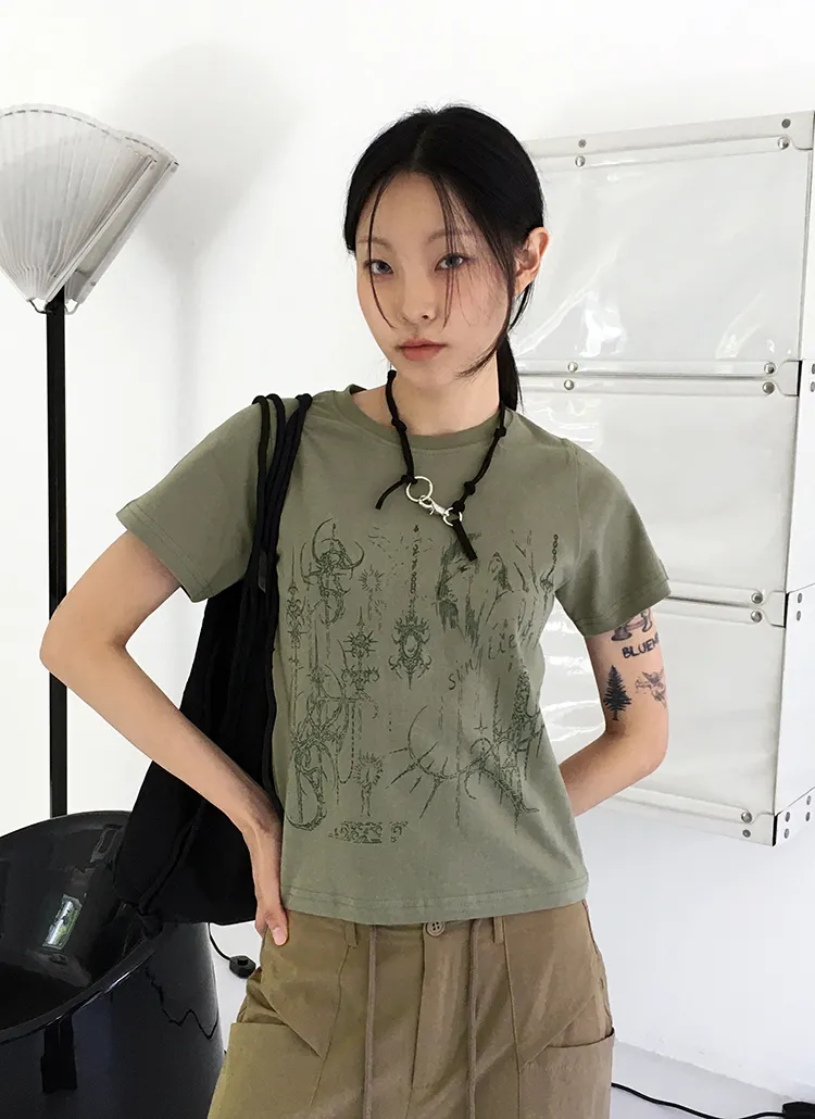 タトゥープリントクロップド半袖Tシャツ | WONDERWONDER | 詳細画像1