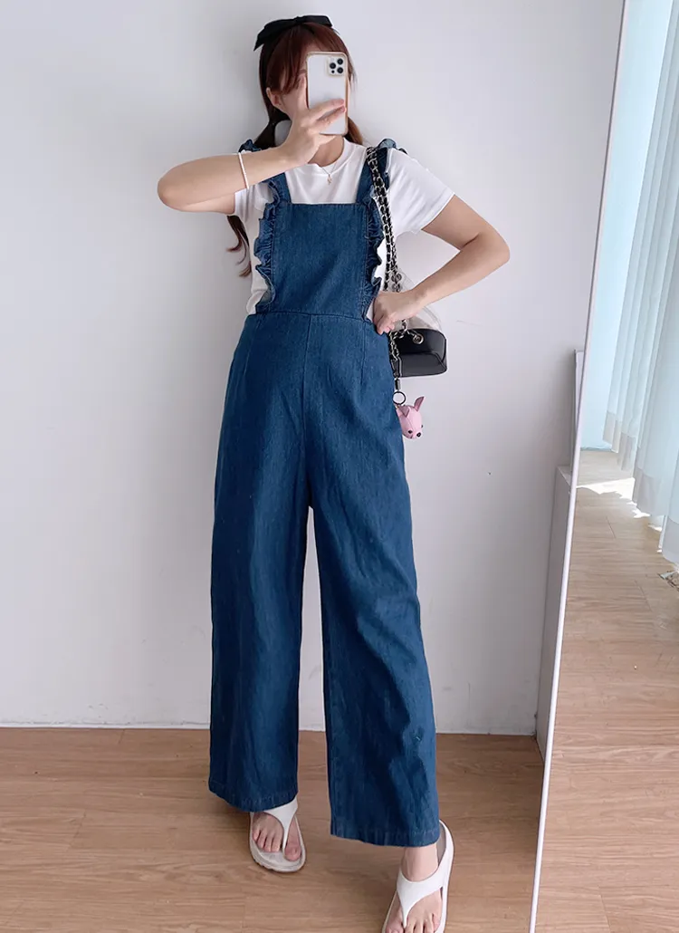 フリルワイドデニムサロペットパンツ | lamuet | 詳細画像1