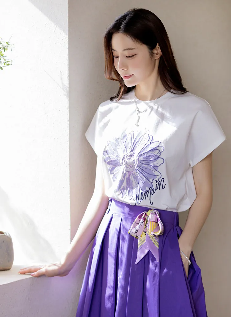 フラワー刺繍フレンチスリーブTシャツ | styleonme | 詳細画像1