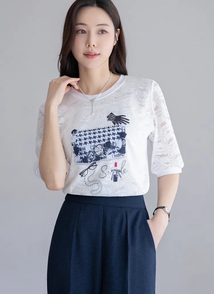 ファッションプリントレース半袖Tシャツ | styleonme | 詳細画像1