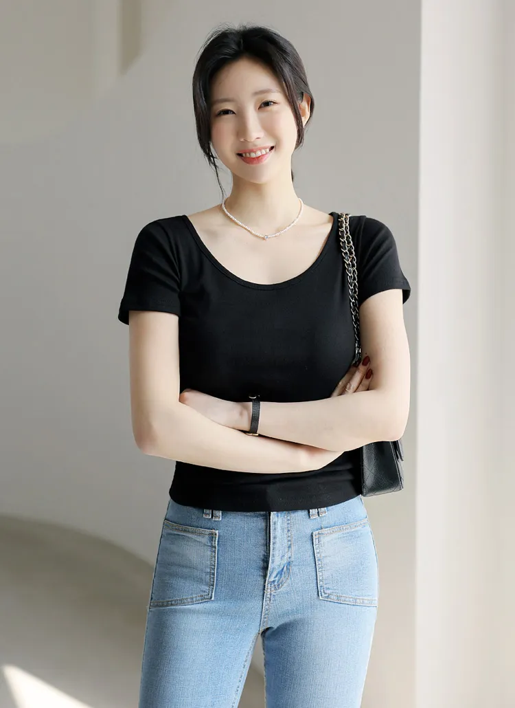 リブスリムフィットUネック半袖Tシャツ | styleonme | 詳細画像1