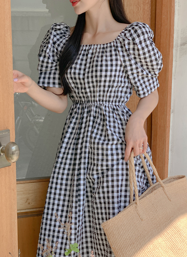 スクエアネックパフギンガムチェックワンピース | レディース