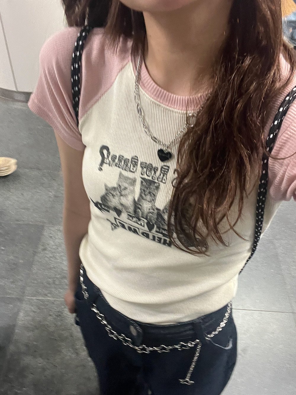 配色キャット半袖Tシャツ | 詳細画像4