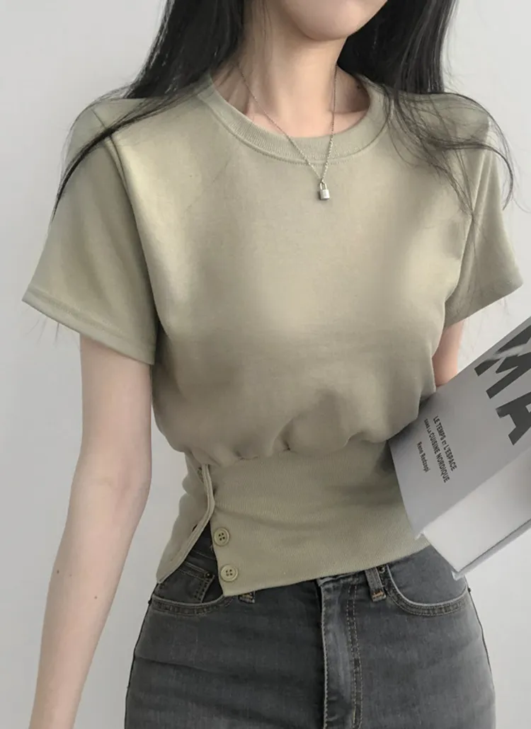 ボタンワイドヘムクロップド半袖Tシャツ | lilisense | 詳細画像1