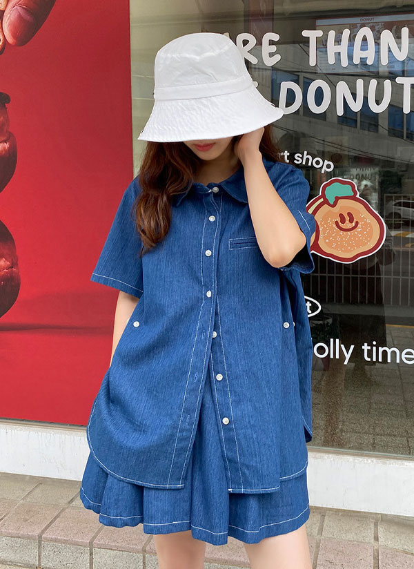 ウエストマークデニムシャツ&タックショートパンツSET | レディース