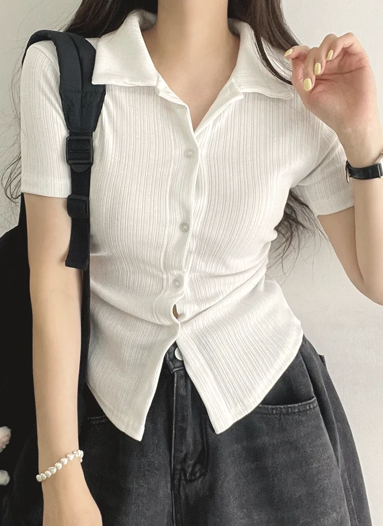 カラーネックボタンシャーリング半袖Tシャツ | withhuilin | 詳細画像1