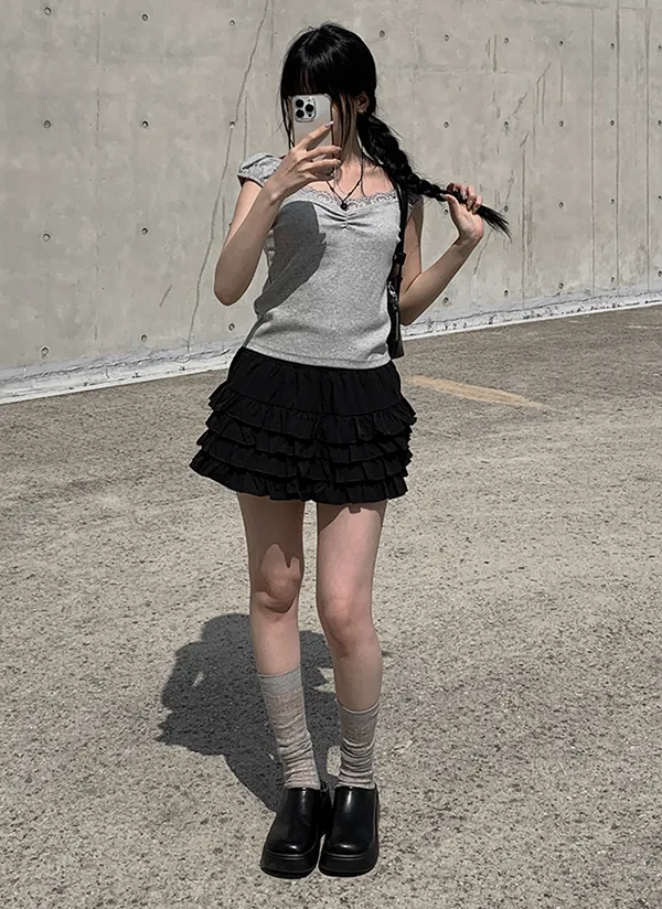 ワイドシャーリングゴムフリルミニスカート | anyonemore | 詳細画像1