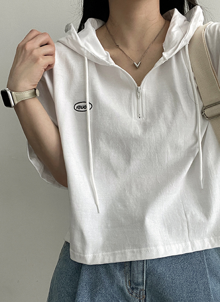 クロップドハーフジップフード半袖Tシャツ | レディースファッション