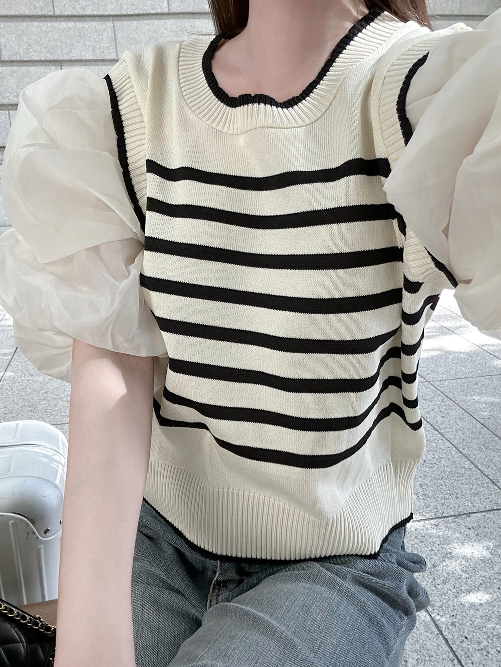 ボーダーシフォン配色パフニット | 詳細画像3