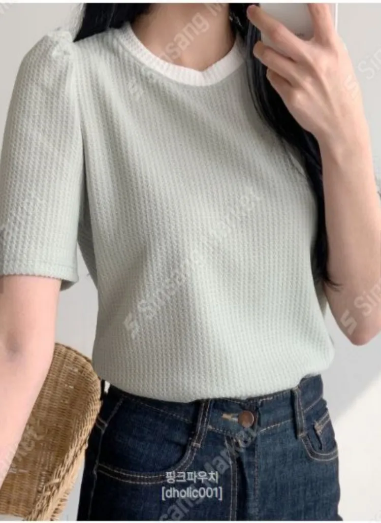 配色ワッフルパフ半袖Tシャツ | DHOLIC | 詳細画像1