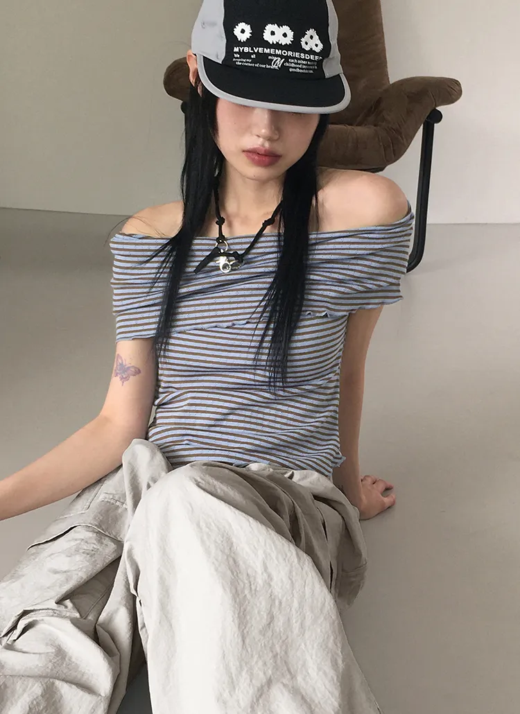 アンバランスヘムオフショルボーダーTシャツ | WONDERWONDER | 詳細画像1