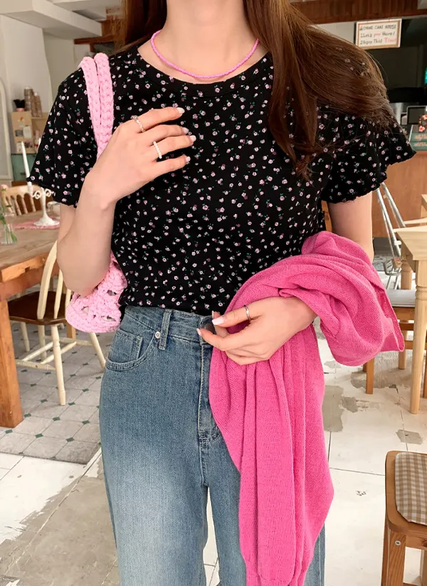 花柄コットン半袖Tシャツ | 66girls | 詳細画像1