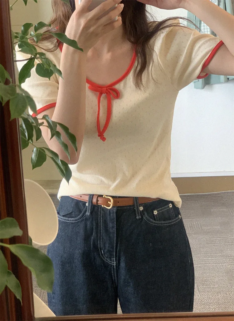 配色リボンネック半袖Tシャツ | naturalmind | 詳細画像1