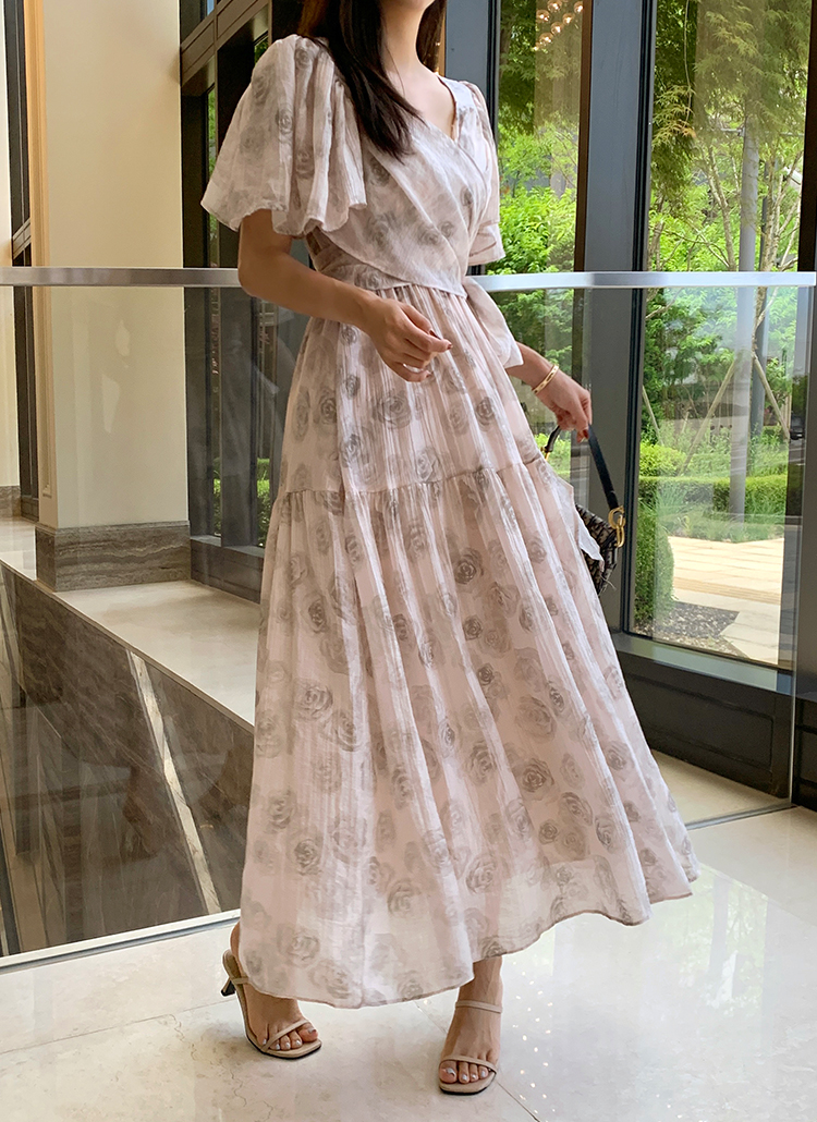 ローズシフォンラップ風半袖ワンピース | レディースファッション通販