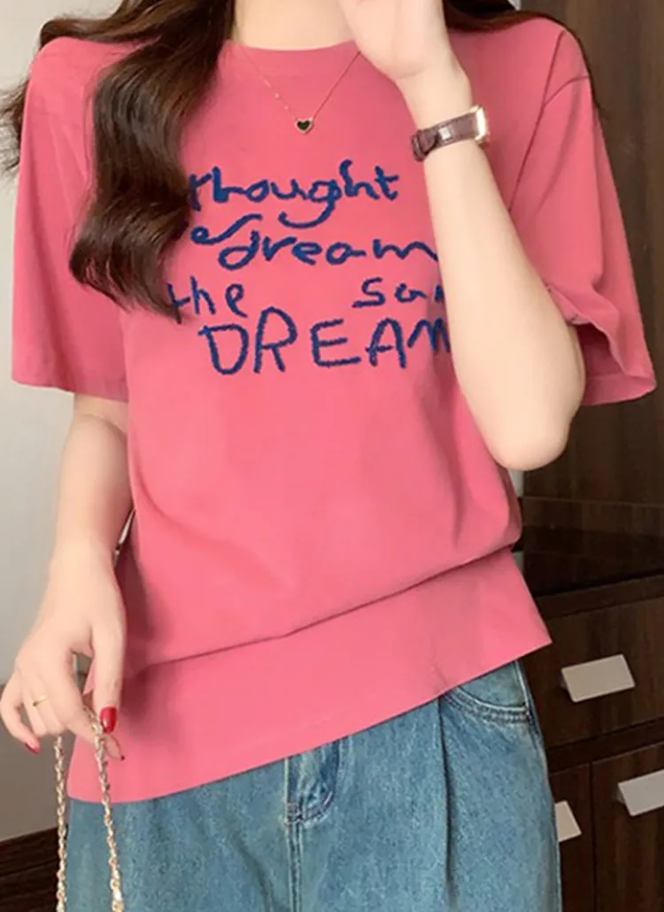 レタリング刺繍ピンク半袖Tシャツ | PEILIT | 詳細画像1