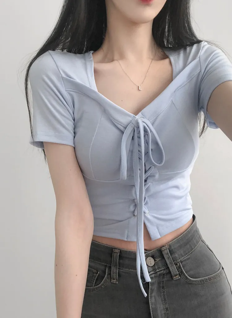ハートネックレースアップ半袖Tシャツ | lilisense | 詳細画像1