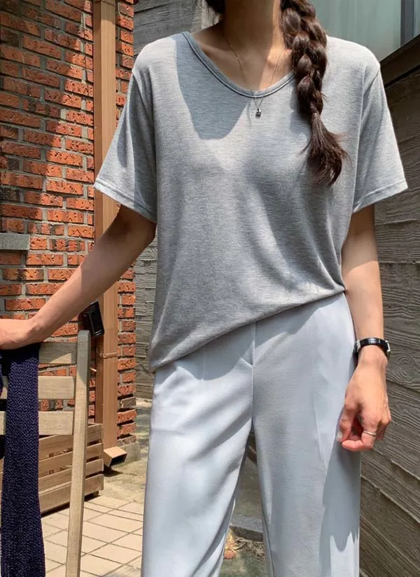 Uネック無地半袖Tシャツ | crushj | 詳細画像1