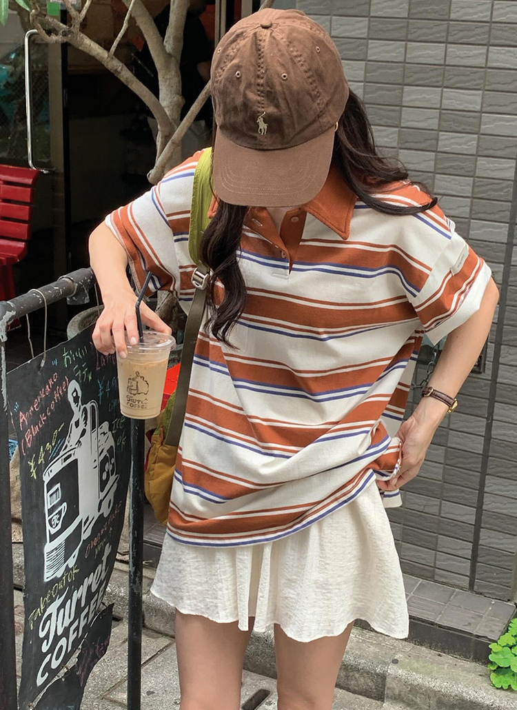 ミックスボーダーポロカラーTシャツ | レディースファッション通販