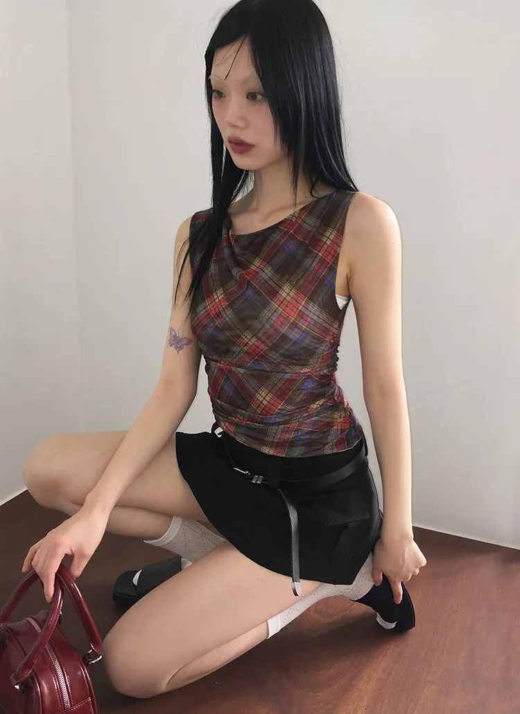 シャーリングシースルーチェックノースリーブ | WONDERWONDER | 詳細画像1