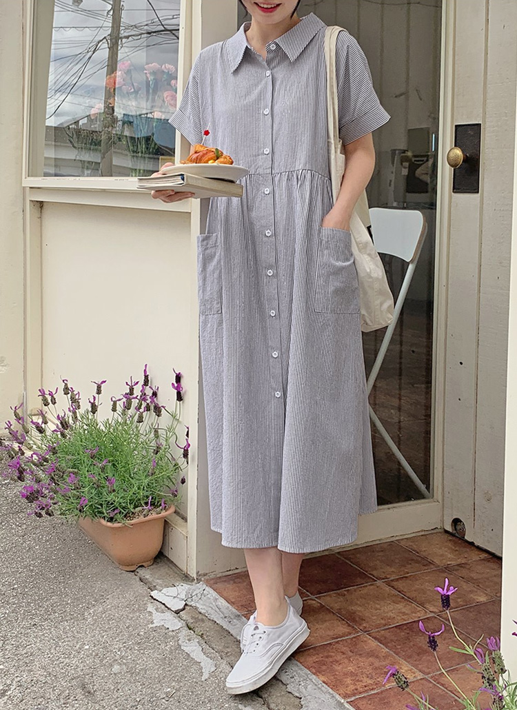 半袖ストライプシャツワンピース | レディースファッション通販 - DHOLIC