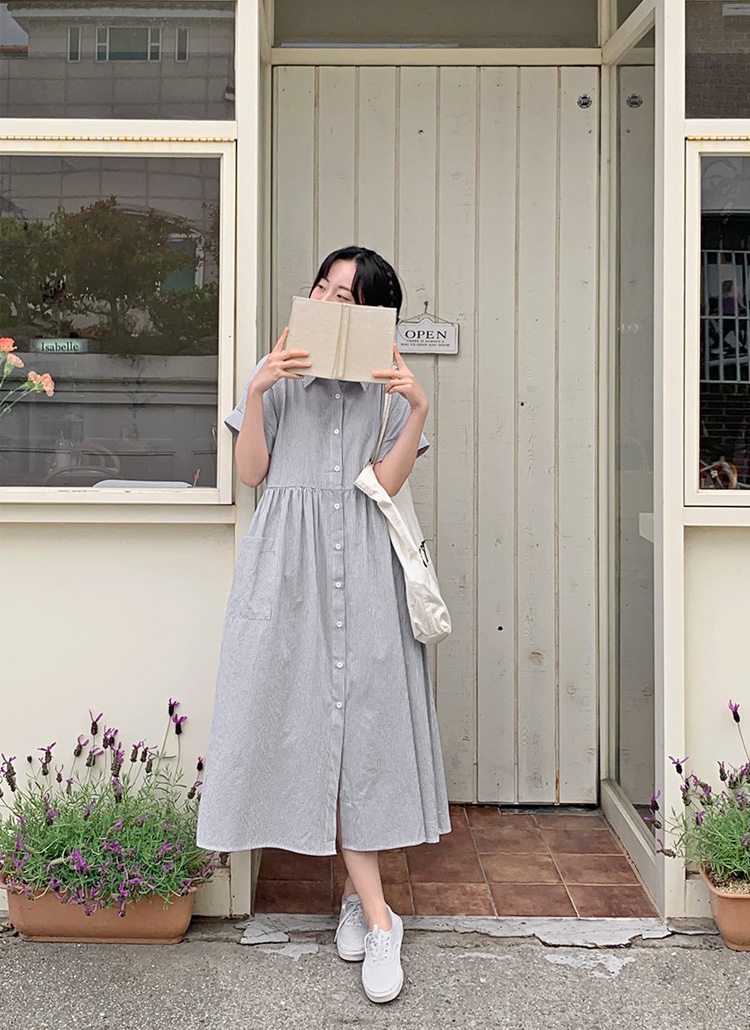 半袖ストライプシャツワンピース | レディースファッション通販 - DHOLIC