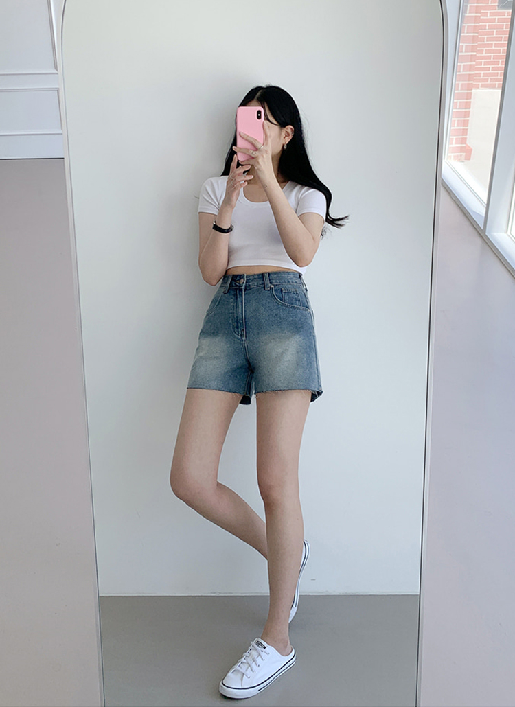 ハイウエストカットオフショートデニムパンツ | レディース
