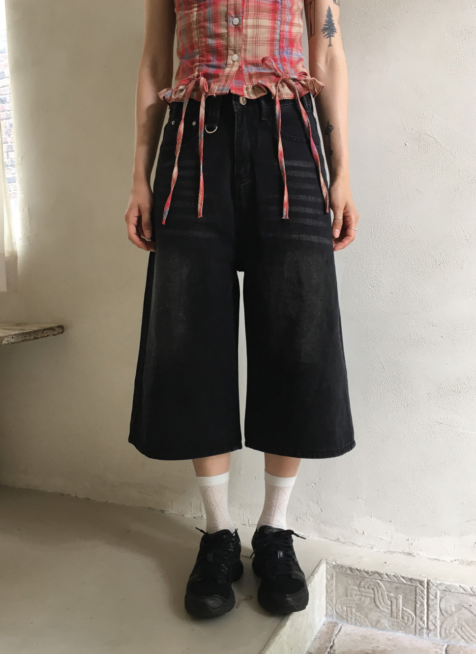 リングポイント7分丈ワイドデニムパンツ | レディースファッション通販