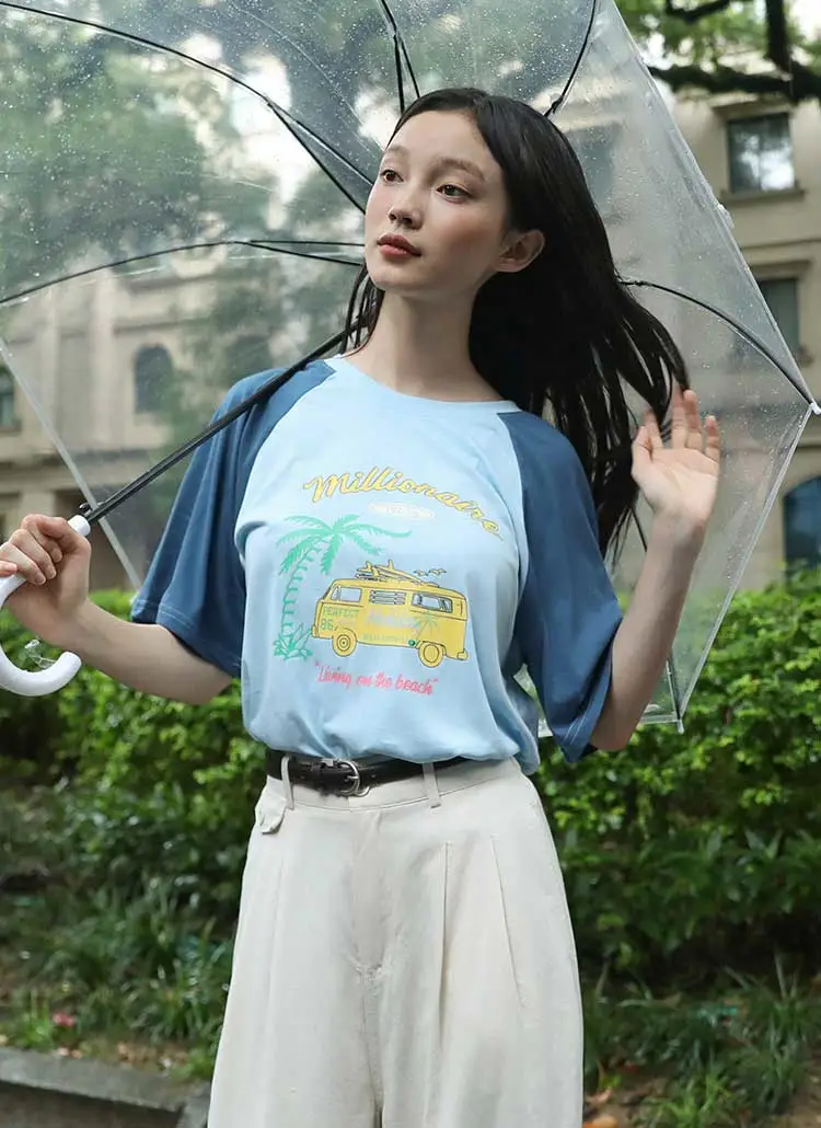 配色ラグランカープリント半袖Tシャツ | pigment | 詳細画像1