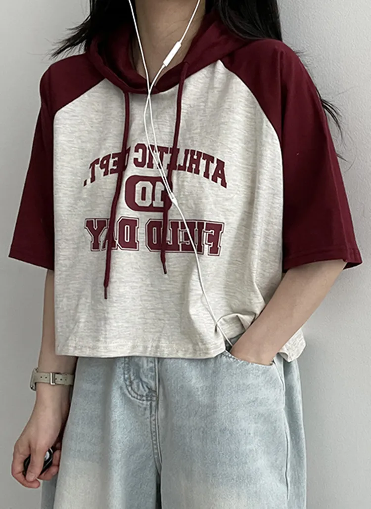 配色ラグラン英字フード半袖Tシャツ | hijjoo | 詳細画像1