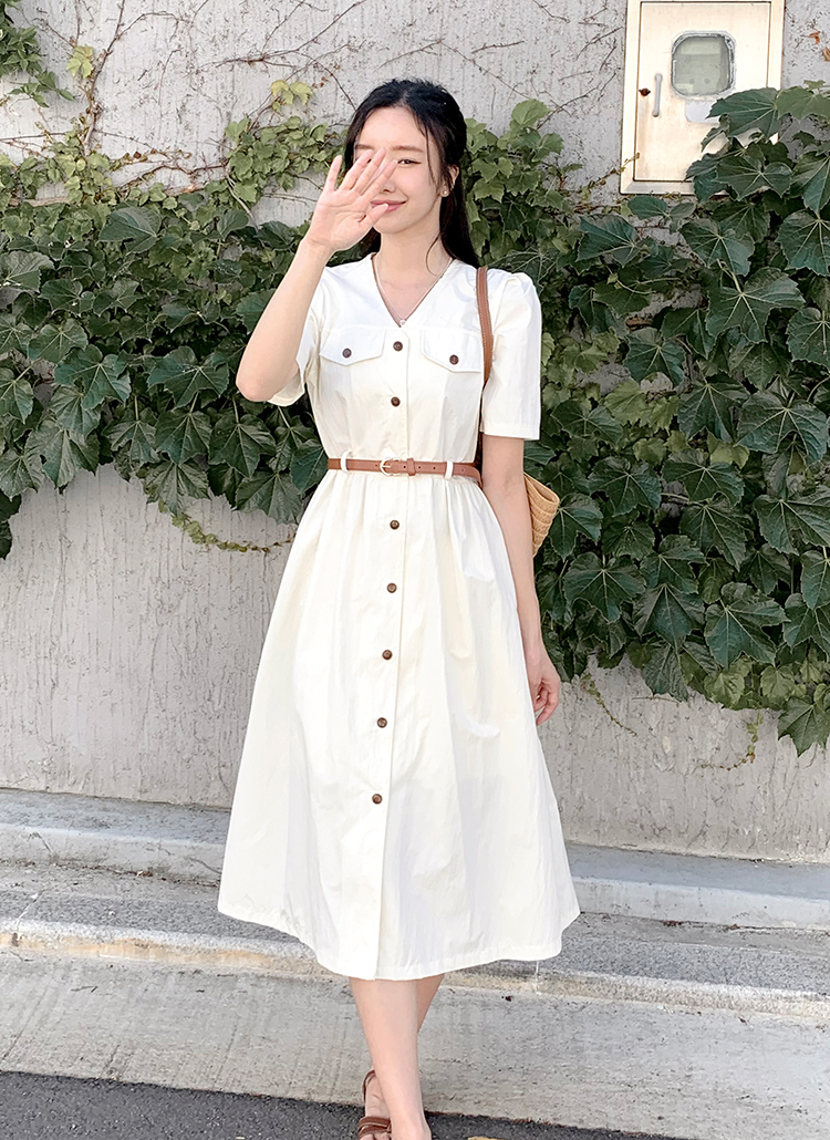 Vネックボタン半袖Aラインワンピース | レディースファッション通販