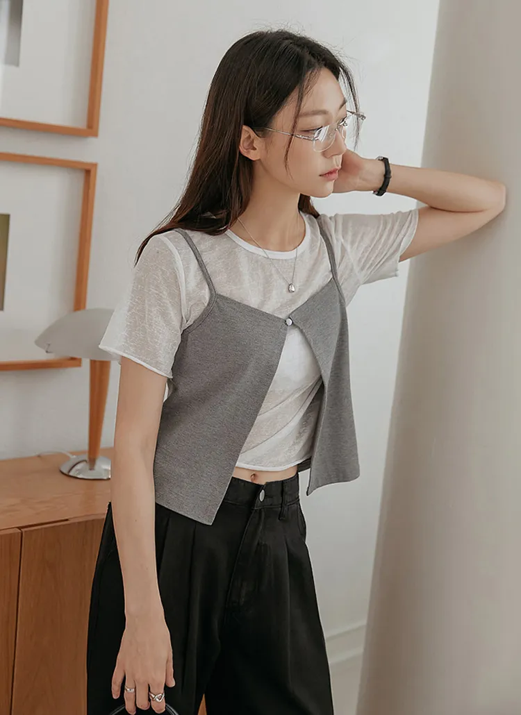 ワンボタンベスト&シースルー半袖TシャツSET | commonunique | 詳細画像1