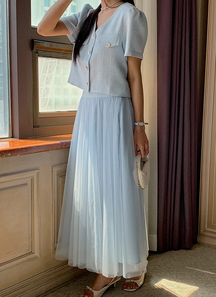 ノーカラー半袖ツイードジャケット&チュールスカートSET | レディース