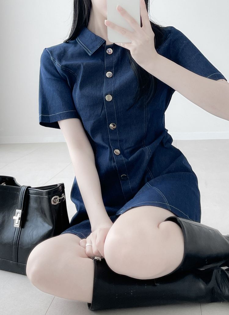 半袖ステッチミニデニムシャツワンピース | レディースファッション