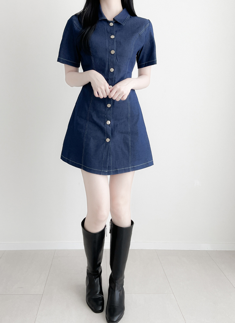 mimi&rogerブルーデニム半袖ワンピース レディース
