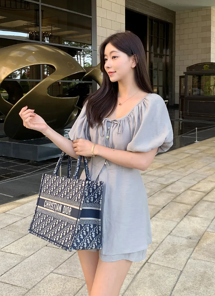 リボンバルーンスリットチュニックブラウス&ショートパンツSET 