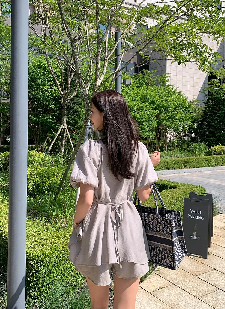 リボンバルーンスリットチュニックブラウス&ショートパンツSET 